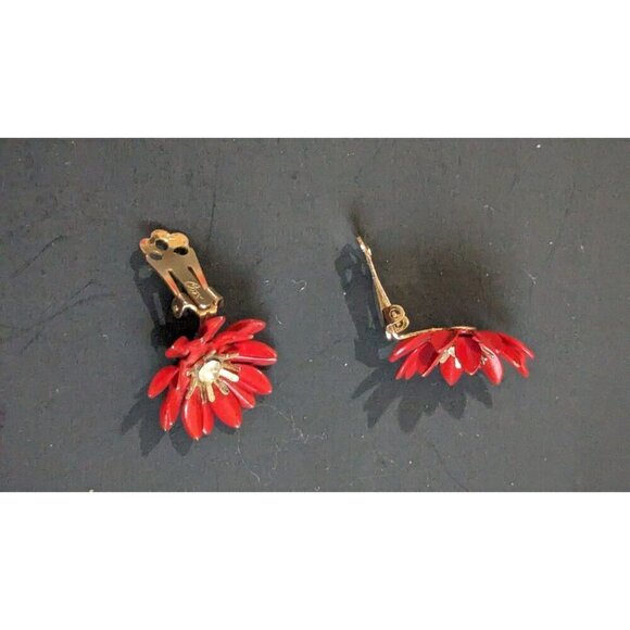 Vintage Coro Red Poppy Flower Rhinestone Clip On Statement Earrings 1960s - Picture 8 of 8